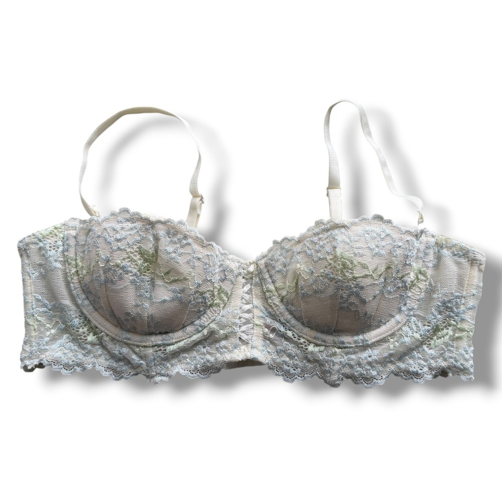 Victorias Secret Sexy Little Things Size 36B Ivory Blue Floral Lace Demi Bra Y2K